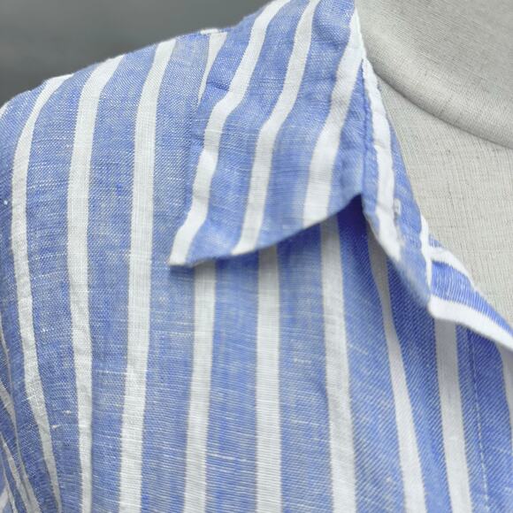 H&M blue striped linen 3/4 sleeve button up cropped top size Small boxy oversize - Picture 9 of 16